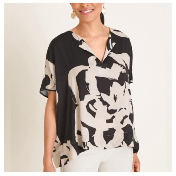 Chico's Womens Abstract Floral Split Neck Top Black White Size 0 - Picture 1 of 10